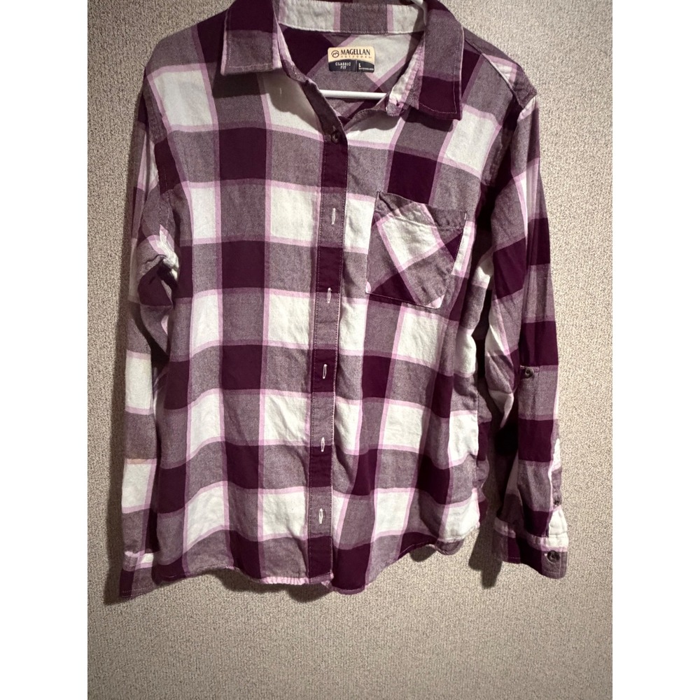 Magellan Outdoors Womens Classic Fit Purple Plaid Flannel Roll Tab Shirt Large